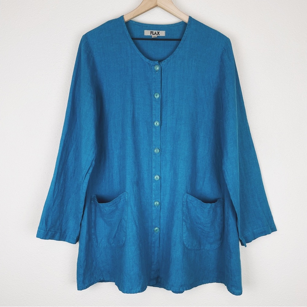 Flax 100% Linen Teal Button Front Tunic Top